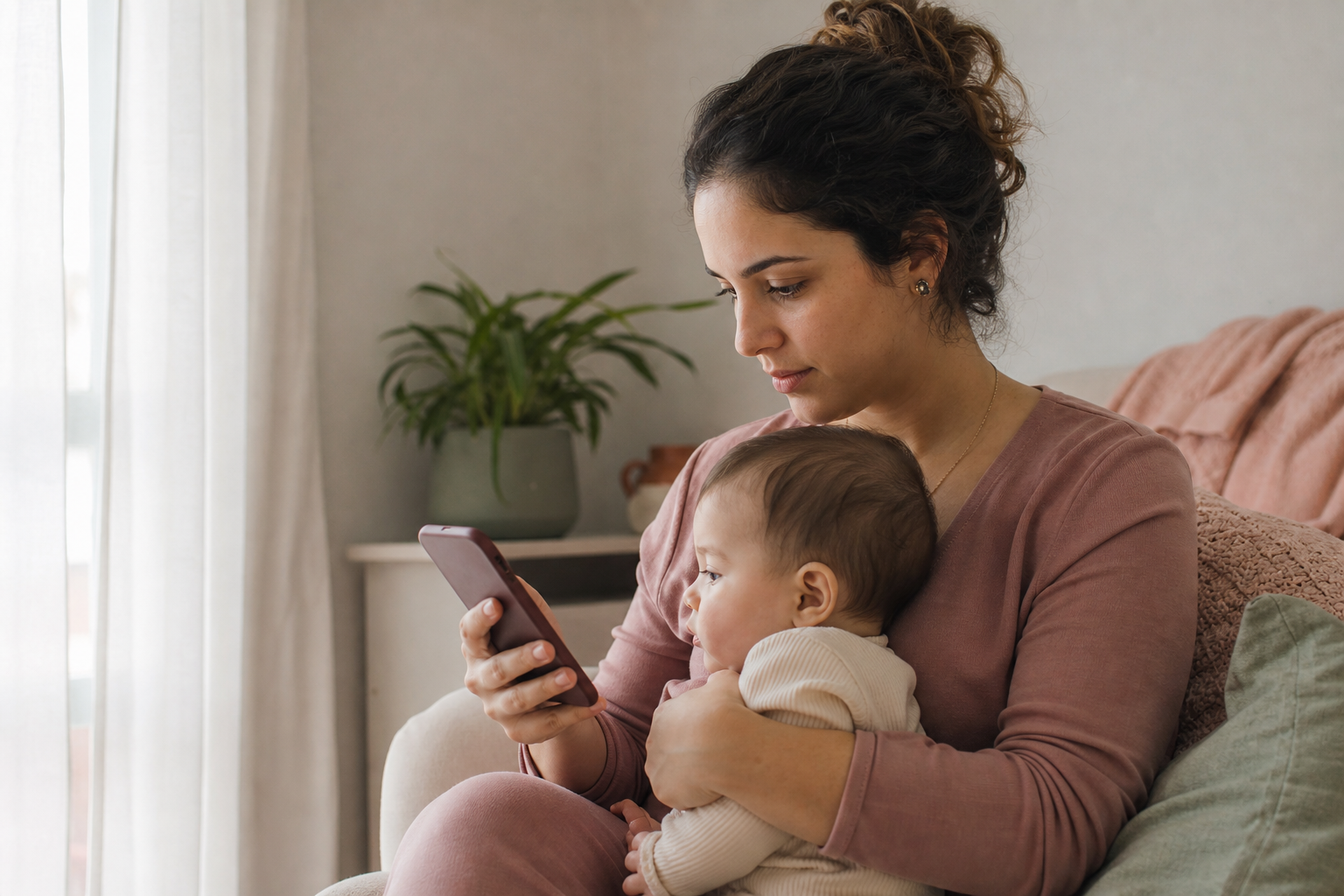 Mãe com o bebê no colo consultando informações no celular